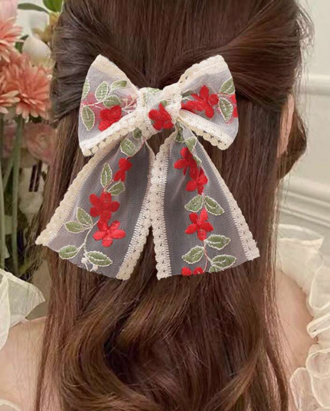 Red Embroidered Flower Lace Bow