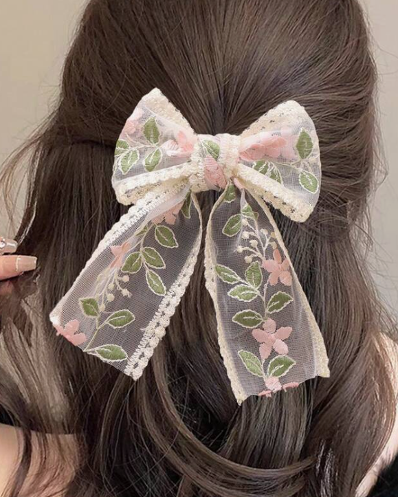 Pink Embroidered Flower Lace Bow