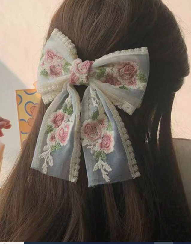Pink Floral Embroidered Lace Bow