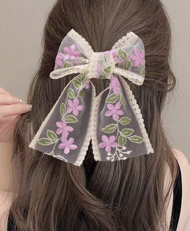 Lilac Embroidered Flower Lace Bow