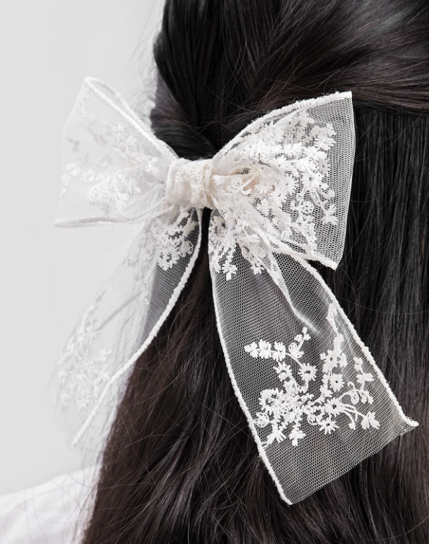 White Embroidered Flower Lace Bow